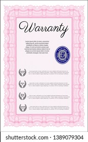 Pink Warranty Certificate template. Printer friendly. Elegant design. Detailed. 