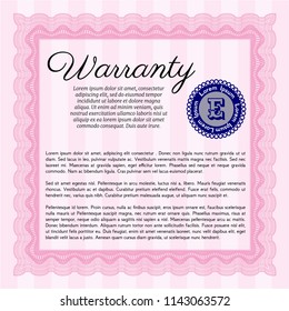 Pink Warranty Certificate template. With quality background. Superior design. Detailed. 
