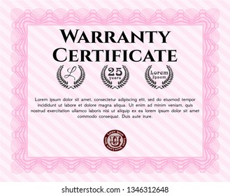 Pink Warranty Certificate template. With quality background. Money Pattern design. Detailed. 