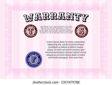 Pink Warranty Certificate template. With quality background. Customizable, Easy to edit and change colors. Money Pattern. 