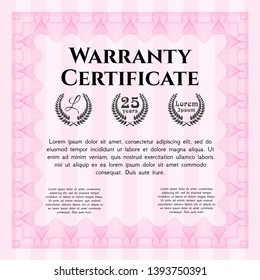 Pink Warranty Certificate template. Sophisticated design. With linear background. Vector illustration. 