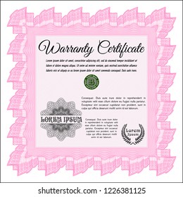 Pink Warranty Certificate template. Superior design. Easy to print. Vector illustration. 