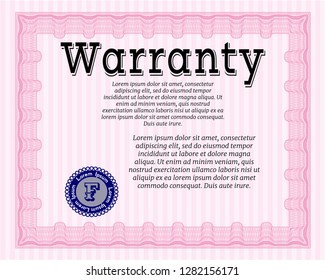 Pink Warranty Certificate template. Superior design. Customizable, Easy to edit and change colors. With complex linear background. 