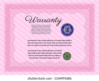 Pink Warranty Certificate template. Vector illustration. With great quality guilloche pattern. Sophisticated design. 