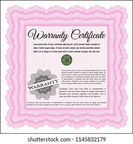 Pink Warranty Certificate template. Vector illustration. With background. Good design. 