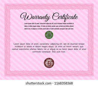 Pink Warranty Certificate template. Vector illustration. With guilloche pattern. Cordial design. 