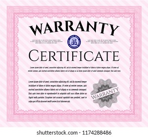 Pink Warranty Certificate template. Vector illustration. With background. Modern design. 