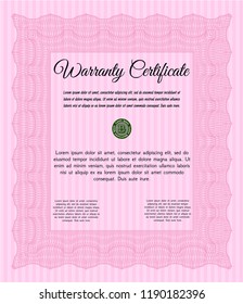 Pink Warranty Certificate template. Vector illustration. With complex background. Money Pattern. 