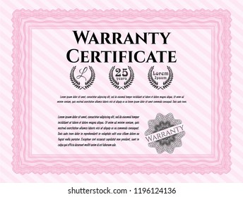 Pink Warranty Certificate template. Vector illustration. With background. Money Pattern. 