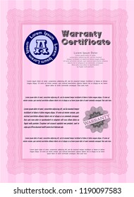 Pink Warranty. With guilloche pattern and background. Vector illustration. Elegant design. 