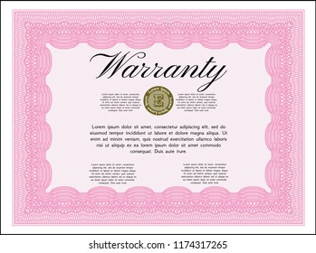 Pink Warranty. With guilloche pattern. Vector illustration. Cordial design. 