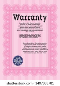 Pink Warranty. Lovely design. With great quality guilloche pattern. Vector illustration. 