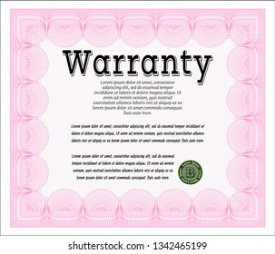 Pink Warranty. Lovely design. With guilloche pattern and background. Detailed. 