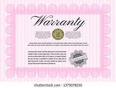 Pink Warranty. Money Pattern design. Detailed. With complex background. 