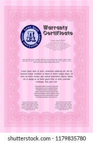 Pink Warranty. Retro design. With guilloche pattern and background. Customizable, Easy to edit and change colors. 