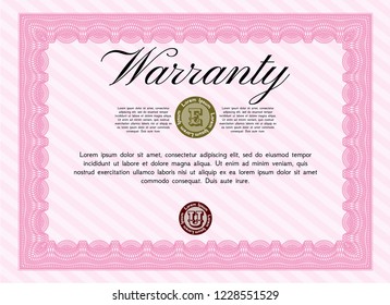 Pink Warranty. Sophisticated design. Vector illustration. With guilloche pattern and background. 