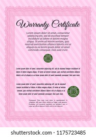 Pink Warranty template. Complex background. Money Pattern. Customizable, Easy to edit and change colors. 
