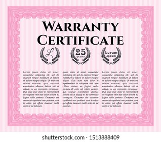 Pink Warranty template. With complex background. Detailed. Money Pattern. 