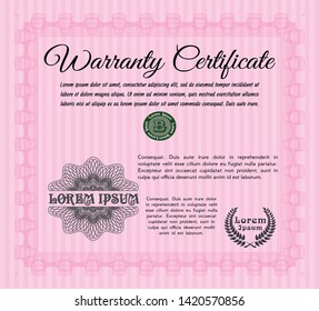 Pink Warranty template. With complex linear background. Detailed. Lovely design. 