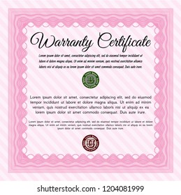 Pink Warranty template. Easy to print. Excellent design. Customizable, Easy to edit and change colors. 