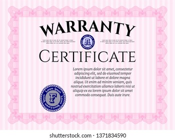 Pink Warranty template. Easy to print. Vector illustration. Money Pattern. 