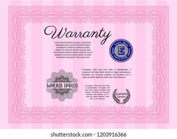 Pink Warranty template. With guilloche pattern. Good design. Customizable, Easy to edit and change colors. 