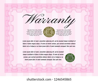 Pink Warranty template. With guilloche pattern. Retro design. Customizable, Easy to edit and change colors. 