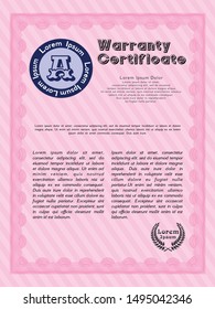 Pink Warranty template. With guilloche pattern and background. Beauty design. Detailed. 