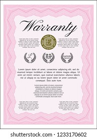 Pink Warranty template. With linear background. Sophisticated design. Vector illustration. 