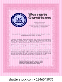 Pink Warranty template. Money Pattern. Vector illustration. With background. 