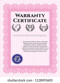 Pink Warranty template. Printer friendly. Money style design. Customizable, Easy to edit and change colors. 