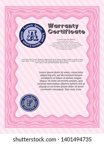 Pink Warranty template. Printer friendly. Money Pattern. Detailed. 