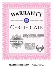 Pink Warranty template. Printer friendly. Detailed. Beauty design. 