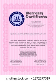 Pink Warranty template. Superior design. With great quality guilloche pattern. Vector illustration. 