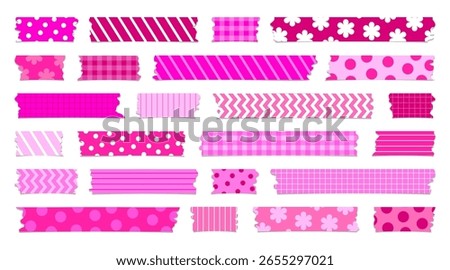 Pink washi tape collection with patterns including dots, grids, lines, and floral designs. Designed for sweet, romantic journaling and crafting themes.