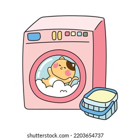 Pink washing clothes with cute cat cartoon hand drawn.Funny animal character design.Kid graphic.Isolated.Kawaii.Image for card,poster,shirt screen.Vector.Illustration.