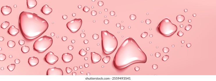 Pink water drop background. 3d collagen droplet. Liquid oil essence on surface. Abstract realistic cosmetic product puddle bg. Skincare acid texture macro design. Natural glossy hyaluron spray