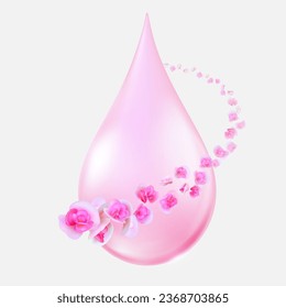 Pink water drops surrounded by blooming, fragrant, fresh flowers isolated on white background. used for skin care products. Serum, vitamins, collagen, Cosmetics, fabric softener, shower gel.