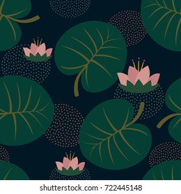 Pink water lilies with leaves trendy seamless pattern on dark blue background. Cute Japanese art background. Design for fabric, wallpaper, textile and decor.