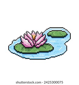 Rosa Wasserlilie Teich Blume botanische Pflanzen mit Blättern und Wasser. Pixel Bit Retro Spiel Stil Vektor Illustration Zeichnung isoliert auf weißem Hintergrund. Nymphaceae. Rhizomatöse Wasserkräuter.