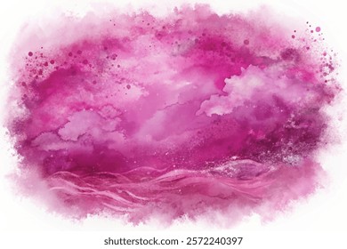 Pink watercolor background, abstract cloud formations, dreamy landscape, artistic texture, vibrant hues, soft gradients.