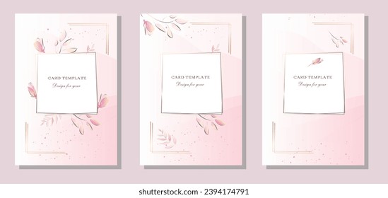 Pink watercolor background, delicate golden rose and botanical branches on a watercolor background. Template for happy birthday card, greeting, greeting cards, roses, brand, invitations, parties. Wedd