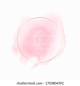 Pink Watercolor Background With Golden Round Frame. Beautiful Logo Or Wedding Invitation Design .