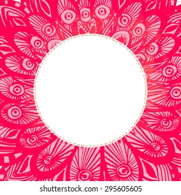 Pink watercolor background with hand drawn feathers and abstract doodles. Blank vector round frame with copyspace.