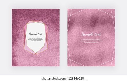 Pink watercolor backgrounds with geometric frame and border lines. Modern templates for card banner, flyer, poster, save the date, greeting
