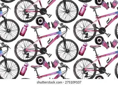 Pink watercolor bicycle vector pattern