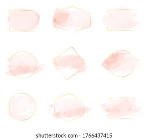 pink watercolor brush stroke splash with luxury golden frame and glitter for banner or logo collection
