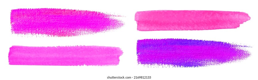 Pink watercolor brush strokes. Canvas texture. Paint brush. Acrylic violet smear set. Vector illustration