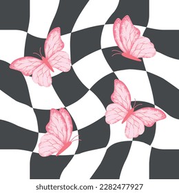Pink watercolor butterflies on distorted checkered board, vector illustration for fashion, fabric, cover, wallpaper designs