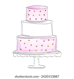 Pink Watercolor Cake Illustration in Sketch or Draft Style with Gold Dots